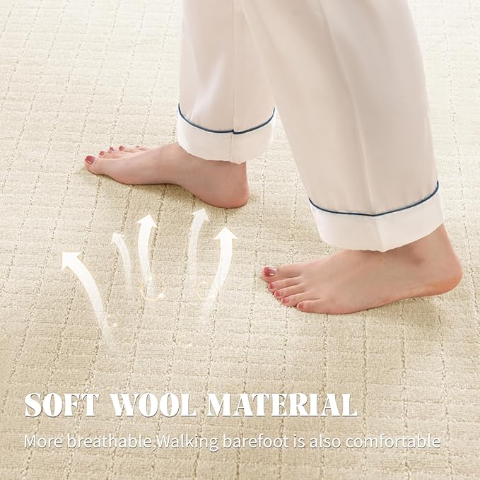 Shilucheng Wool Rug 9x12 Non-Slip, Blend 80% Wool and 20% Cotton Rugs for Living Room, Bedroom, Dinning Room, Soft Durable Cotton Backing Modern Area Rug (Beige/White)