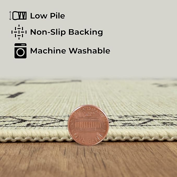 GLN Rugs Contemporary Collection - Machine Washable Area Rug, Contemporary Washable, Non Slip, Low Pile Chenille Rug, Living Room, Bedroom, Kitchen Rug (6' x 9' Cream/Anthracite)