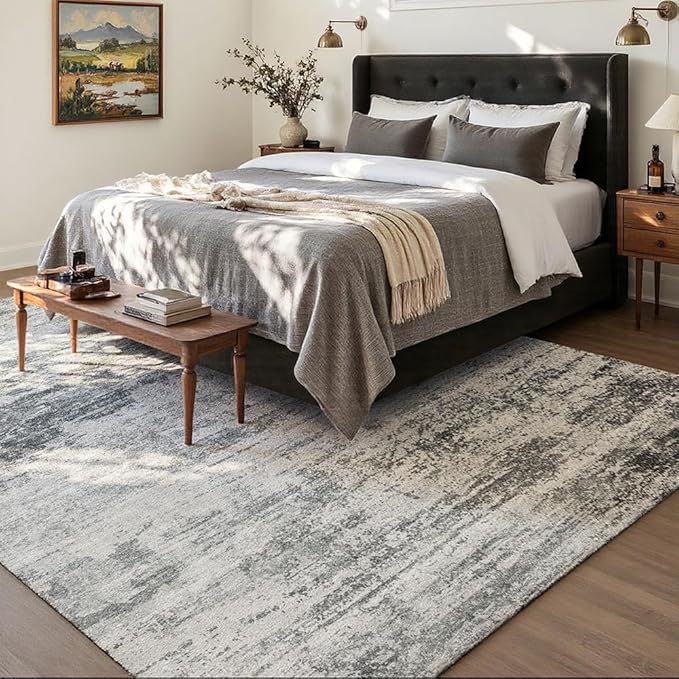 Area Rug 6x9 Washable Rug Grey for Living Room, Dining Room, Bedroom, Large Carpets, Non Slip & Non-Shedding Low Pile Vintage Print Rug for Home Office Decor