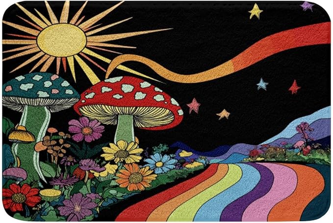 Erosebridal Trippy Mushroom Bathroom Rugs Groovy Floral Mats Rainbow Striped Ultra Soft Bathtub Rugs 20x32 Hippie Boho Eye Room Decor Starry Night Bath Mat 70s Theme Decor