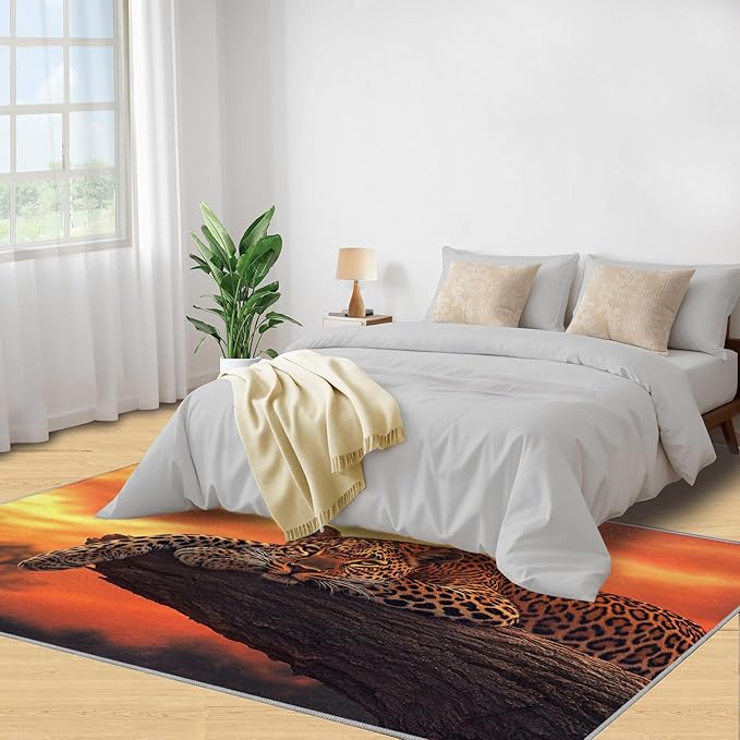 6x9 Sunrise Leopard Living Room Rug - Sunset African Savanna Bedroom Carpet, Wild Animal Classroom Rug for Carpet Boy Bedroom Office Nursery Hardwood Home Decor