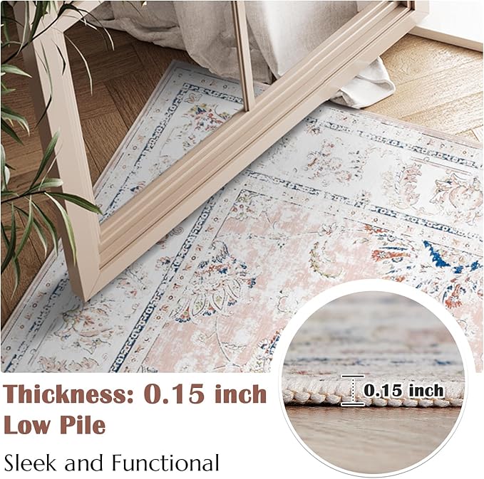 jinchan Fiora Long Hallway Runner Rug 2x12 Machine Washable Runner Rug Pink Vintage Floral Design Non-Slip Ultra-Thin for Kitchen Laundry Room Bedroom Farmhouse (2‘x12', Pink)