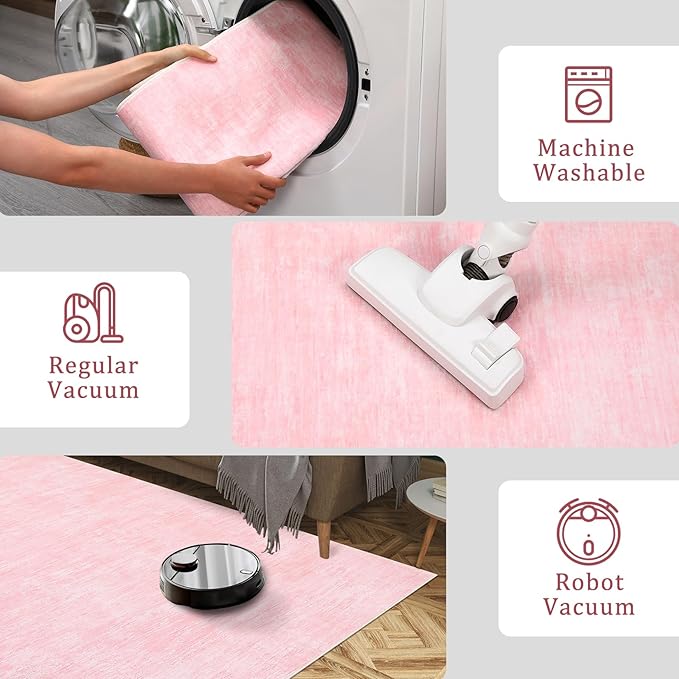 Garvee 5x7 Kids Room Rugs Washable Bedroom Rug Non Slip Stain Resistant Solid Color Rug Non Shedding Low Pile Carpet Foldable Minimalist Mats for Living Room, Dining Room, Pink
