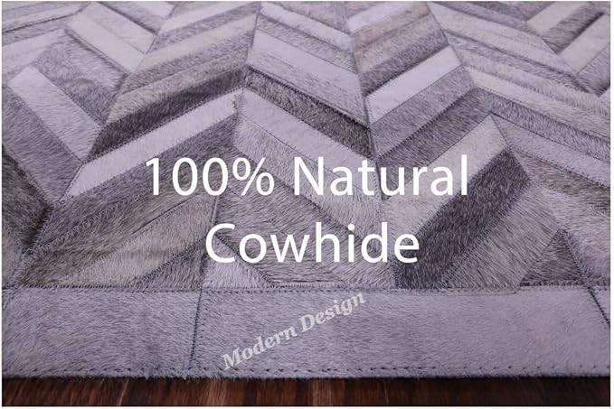 Modern Design Premium Cowhide Leather Carpet with Chevron Pattern, Area Rug (Natural Multi Grey, 6x9)
