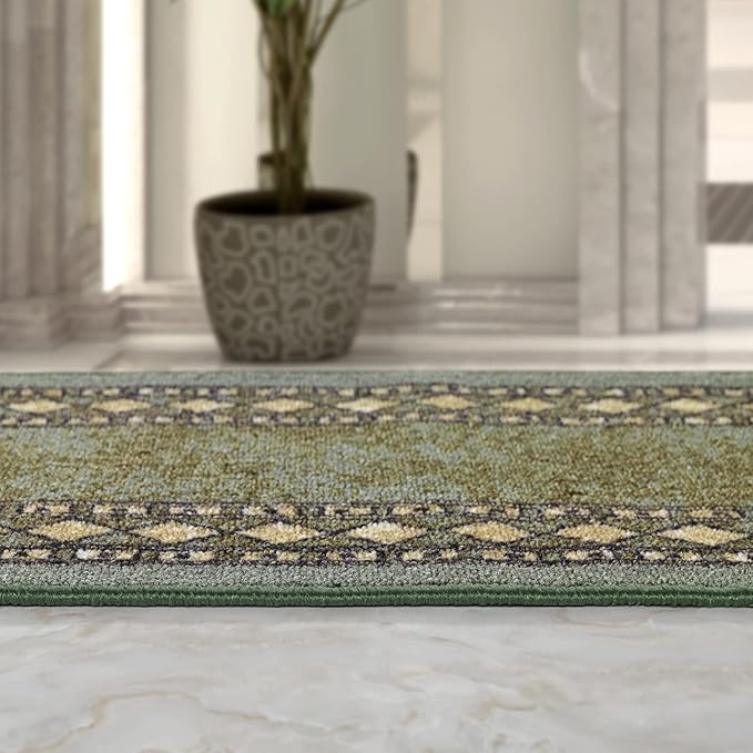 Antep Rugs Alfombras Modern Bordered 2pc Non-Skid (Non-Slip) Low Profile Pile Rubber Backing Indoor Kitchen Runner Rugs (Green, 2pc Set)