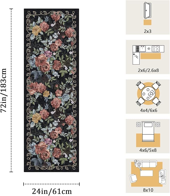 2x6 Machine Washable Runner Rug, Kitchen Hallway Area Rug Black Vintage Boho Floral Ultra Non-Slip Low Pile Soft Faux Wool Carpet, Kids and Pets Friendly for Bedroom Entryway Nursery Home Decor Rug
