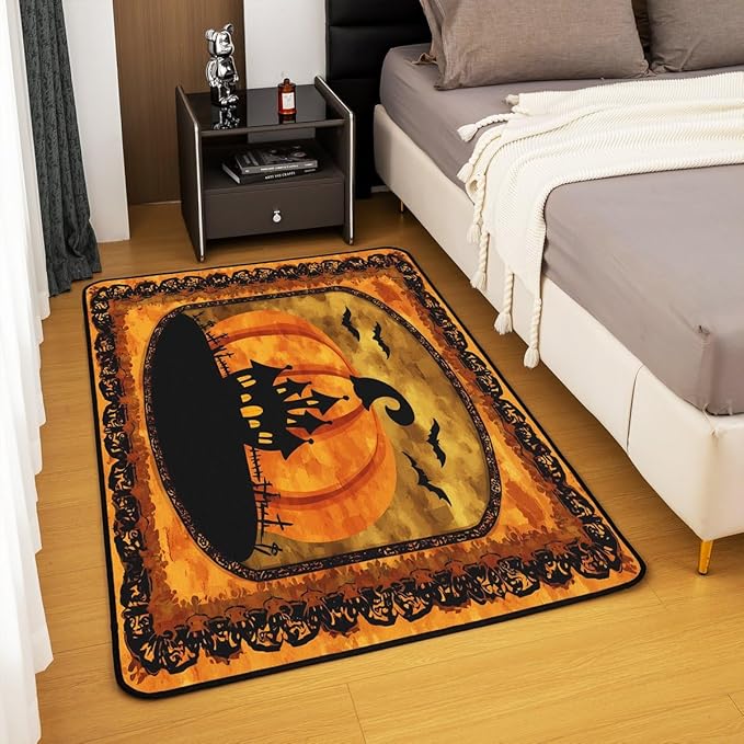 Halloween Pumpkin Large Area Rug 5x7 Spooky Haunted House Living Room Rug | Vintage Gothic Rugs for Bedroom, Castle Silhouette Carpet Indoor Floor Mat,Bats Halloween Decoration