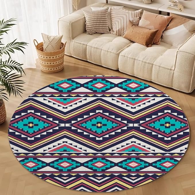 Native Tribal Geometry Round Rug Vintage Blue White Living Room Bedroom Area Rug Non Slip Soft Low Pile Washable Indoor Floor Carpet for Dining Room Kitchen Office Entryway 3ft