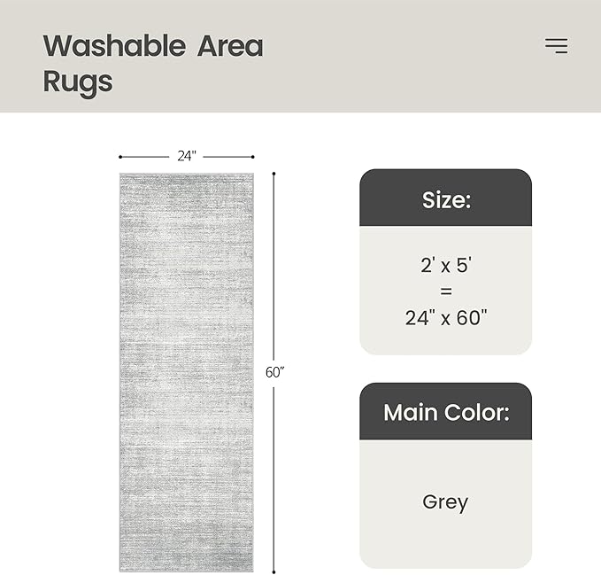 Valenrug Washable Rugs 2x5 - Stain Resistant 2x5 Area Rugs for Living Room, Non Slip Backing Large Area Rugs for Bedroom, Folable Machine Washable Area Rug (2'x5', Grey)