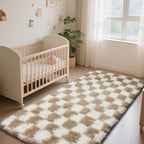 Checkered Rug for Bedroom, 3x5 Beige and White Area Rugs, Classic Checkered Carpets Shaggy Area Rug, Bedside Rugs for Living Room Bedroom Kids Room Home Decor