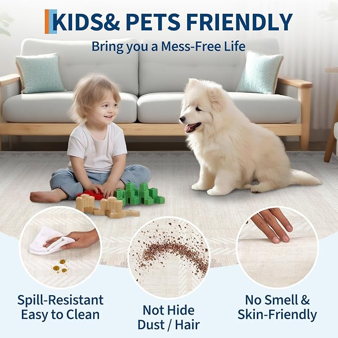 Geometric Bordered Machine Washable 9x12 Low Pile Area Rugs for Living Room Large Non Slip Soft Indoor Carpet Foldable Stain Resistant Non-Shedding Beroom Dining Room Rugs, Beige