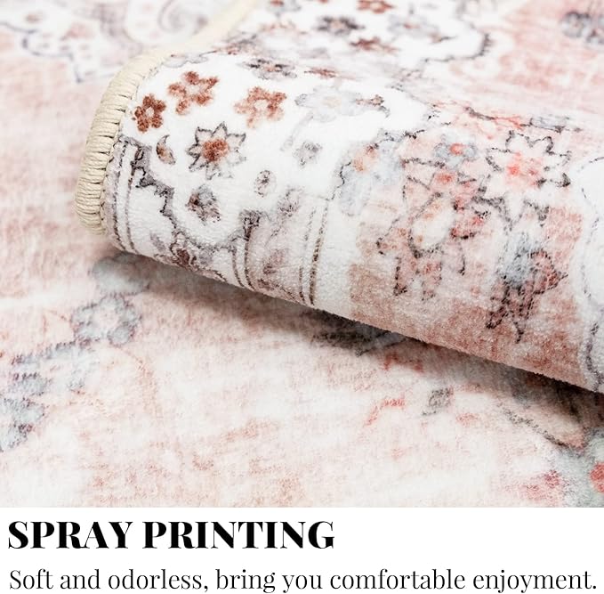 MUJOO 5'x7' Area Rugs Pink Machine Washable Boho Rug for Bedroom,Living Room, Laundry Room Kitchen Non Slip Carpet Abstract Soft Low-Pile Floral