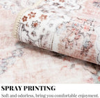 MUJOO Boho Rug 4'x6.5' Area Rugs for Bedroom Living Room Dining Room Pink Small Rugs Machine Washable Non Slip Carpet for Office Dorm Bedside Kitchen Laundry Room Floral