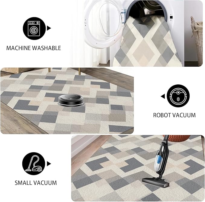Modern Area Rug Living Room Rugs 5x7, Minimalist Soft Boho Geometric Rug, Non-Slip Washable Low Pile Non Shedding Carpet for Bedroom Office Dining Room Kitchen Nursery, Gray Beige White
