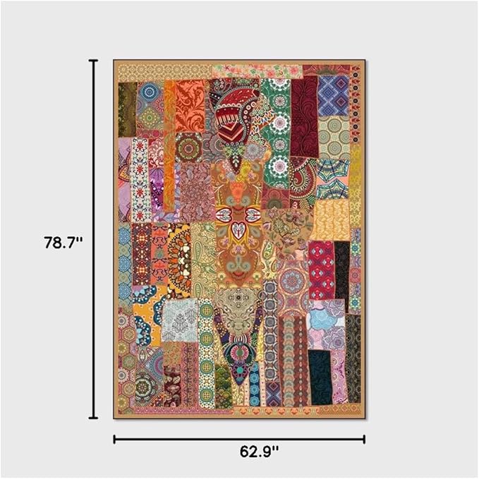 Vintage Boho Area Rugs Multicolor Ethnic Style Geometric Splicing Carpets Bedroom Living Room Kitchen Floor Mats Indoor Outdoor Non-Shedding Runner Rug Home Décor Carpet 5.2' X 6.5'