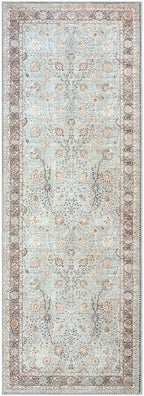 GLN Rugs Traditional Collection - Machine Washable Area Rug, Traditional Washable, Non Slip, Low Pile Chenille Rug, Living Room, Bedroom, Kitchen Rug (2'6" x 10' Light Blue)