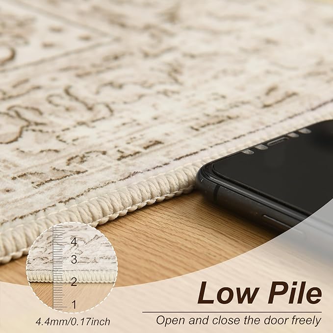 XWZO Runner Rug 2x10ft for Long Hallways, Washable Non-Slip Low Pile Area Rug with Rubber Backing, Spill Resistant Soft Vintage Floor Carpet for Kitchen Entryway Stair Landing Living Room, Beige