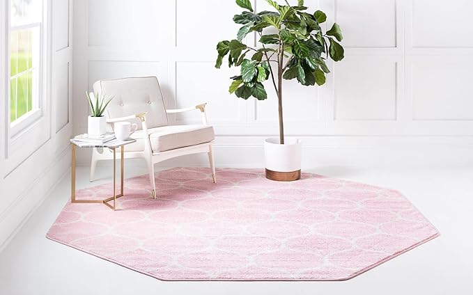 Rugs.com Lattice Frieze Collection Rug – 7' 10 Octagon Light Pink Medium Rug Perfect for Living Rooms, Kitchens, Entryways