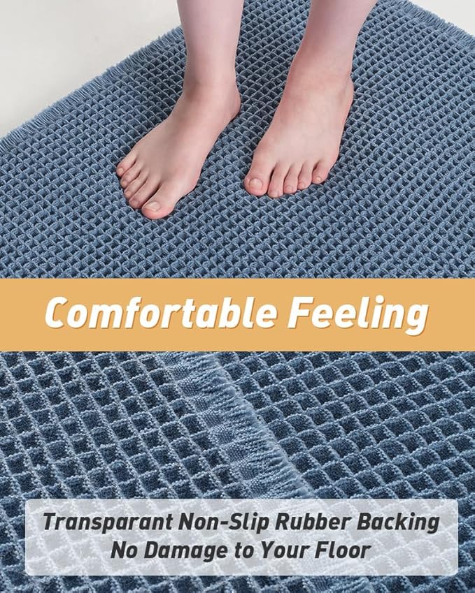 AMOAMI Upgraded Waffle Runner Rug Super Absorbent Non Slip Bath Mats for Bathroom Machine Washable Bathroom Runner Rug with Tassels, Ideal for Hallway Bedroom Laundry Room, 17" x 60", Blue