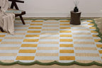 Hand-Tufted Wool Rug with Scalloped Edges, Light Blue Plaid Pattern, Cozy Soft Area Rug for Living Room, Bedroom and Nursery, Handmade Modern Accent Rug, 1x1 Ft (Sample)