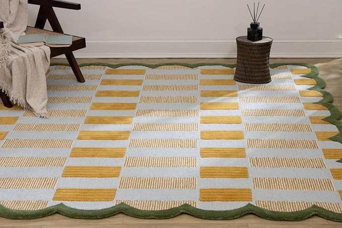 Hand-Tufted Wool Rug with Scalloped Edges, Light Blue Plaid Pattern, Cozy Soft Area Rug for Living Room, Bedroom, and Nursery, Handmade Modern Accent Rug, 5x5 Ft (Square)