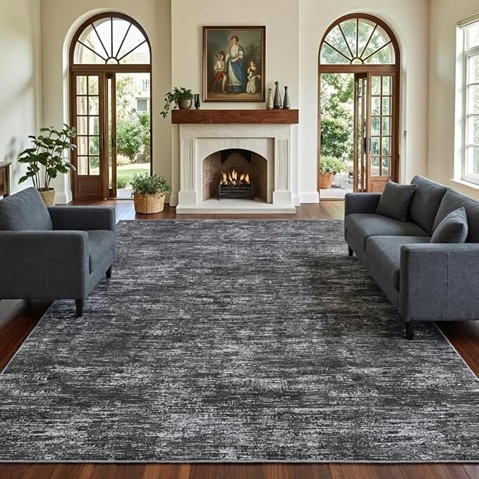 Garvee Bedroom Rugs 10x13 Office Rugs for Rolling Chairs Modern Solid Color Washable Rug with Non Slip Backing, Non Shedding Low Pile Neutral Carpet Stain Resistant Mats for Living Room, Dark Grey