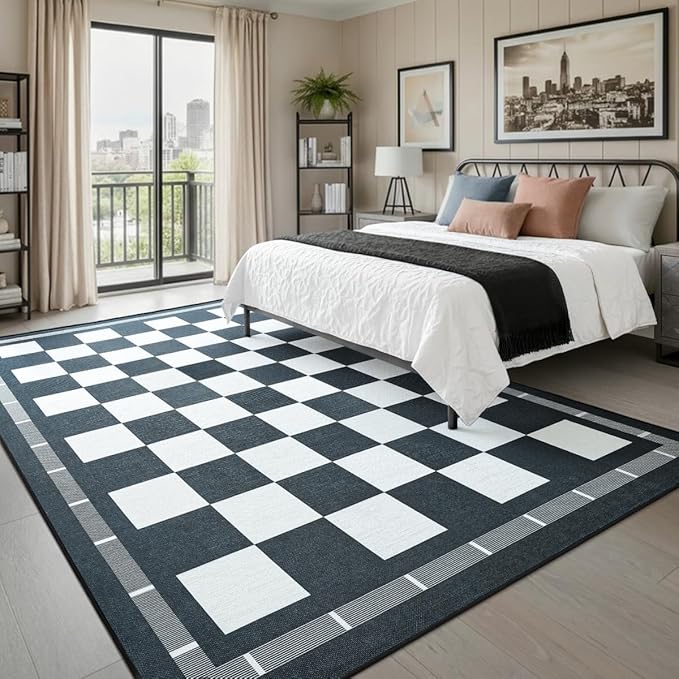 Vasofe Checkered Jute 6x9 Area Rugs, Washable Outdoor Patio Rug for Living Room Entrance Indoor Carpet, Non Slip Farmhouse Neutral Geometric Rugs for Bedroom Dining Room Backyard, Black and White