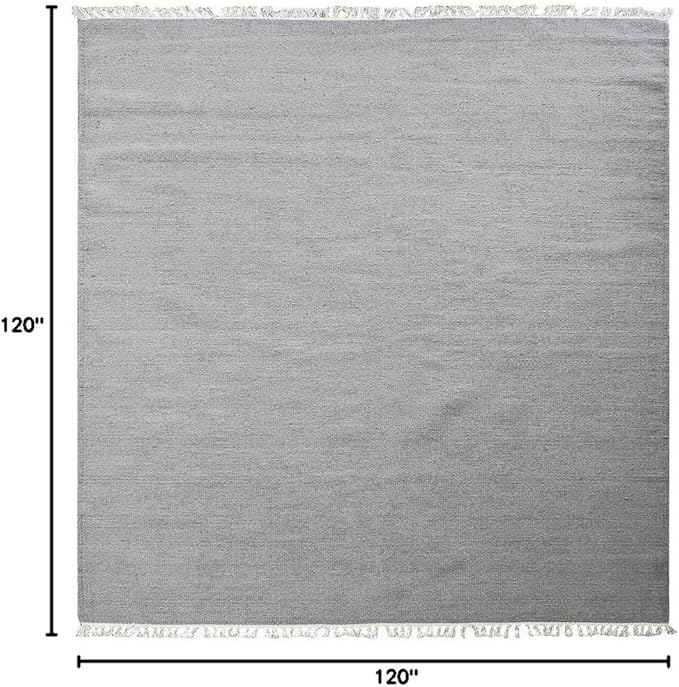 Rugsotic Carpets Hand Woven Flat Weave Kilim Wool ECO-Friendly Area Rugs - 10'x10', Square Shape, Silver Color, Solid Plain Design, Low Pile Handmade Area Rugs for Living Room, Bed Room (D00111)