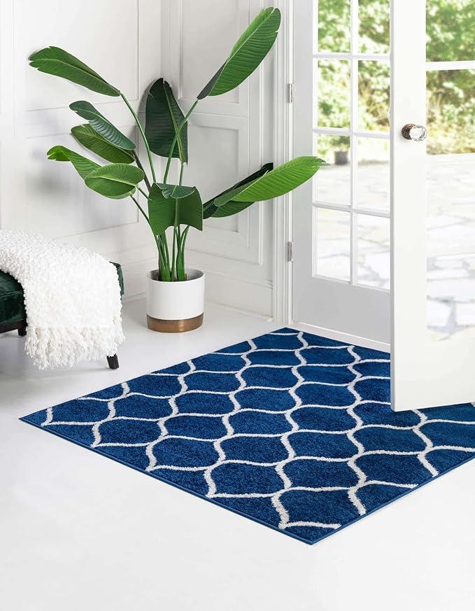 Rugs.com Lattice Frieze Collection Rug – 3' Square Navy Blue Medium Rug Perfect for Living Rooms, Kitchens, Entryways