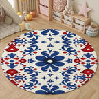 Vintage Blue Flowers Washable Round Rugs Oriental Tribal Floral Circle Rugs for Living Room Entryway Round Area Rug Soft Non Slip Nursery Carpet for Bedroom Dining Coffee Table 4ft