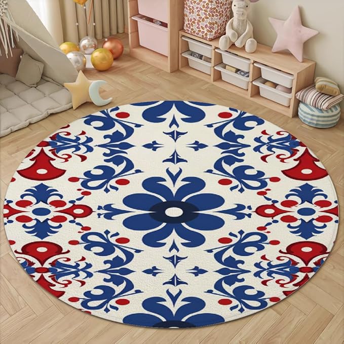 Vintage Blue Flowers Washable Round Rugs Oriental Tribal Floral Circle Rugs for Living Room Entryway Round Area Rug Soft Non Slip Nursery Carpet for Bedroom Dining Coffee Table 8ft