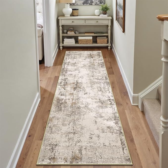 3x12 Washable Runner Rug Brown Grey Abstract Hallway Kitchen Throw Rug Neutral Modern Non Slip Soft Low Pile Carpet for Bathroom Laundry Bedroom Living Room