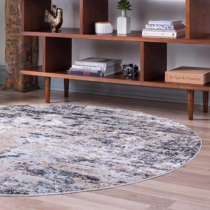 Rugs.com Leipzig Collection Round Rug – 7 Ft Round Beige Low-Pile Rug Perfect for Kitchens, Dining Rooms