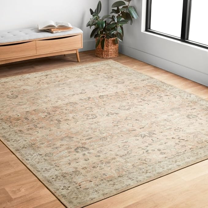 Loloi Hathaway Collection HTH-06 Blush/Multi 7'-6" x 9'-6", .25" Thick Area Rug, Soft, Durable, Printed, Modern, Low Pile, Non-Shedding, Easy Clean, Living Room Rug