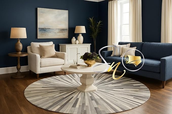 Faux Cowhide Round Area Rug | Non-Slip Leather Floor Carpet for Living Room, Bedroom, and Home Décor | Modern Stylish Accent Rug(Grey_5x5)