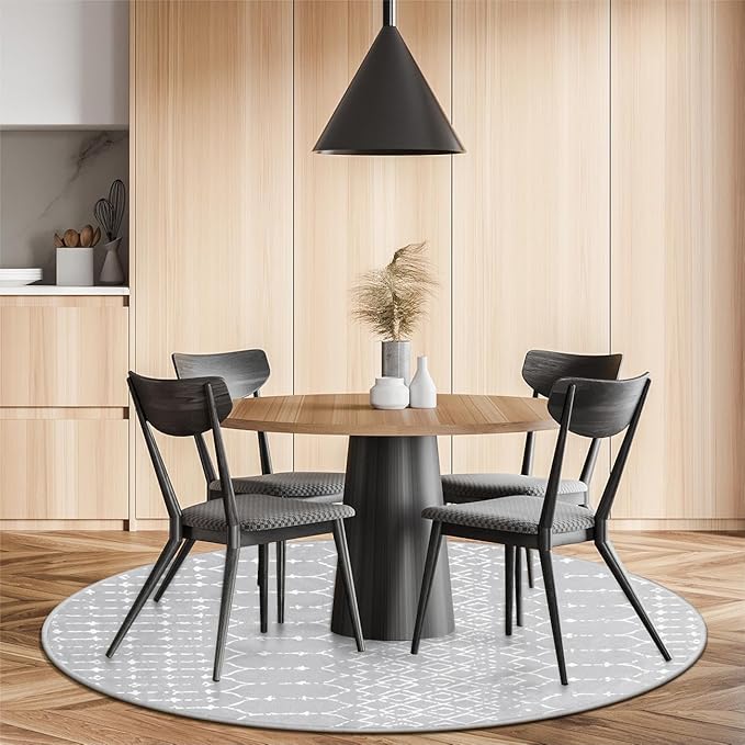 Lahome Moroccan Round Rugs 6Ft Washable Circle Area Rug for Living Room Grey Non-Slip Stain Resistant Dining Room Rug Large Circle Rug, Modern Geometric Print Indoor Round for Bedroom Entryway