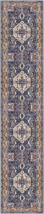 KOZYFLY Runners for Hallways 2.6x12 Ft Extra Long Washable Kitchen Boho Runner Rug for Entryway Indoor Gold Navy Printed Faux Wool Stair Runner Floor Carpet Runner for Stair Kitchen Hall