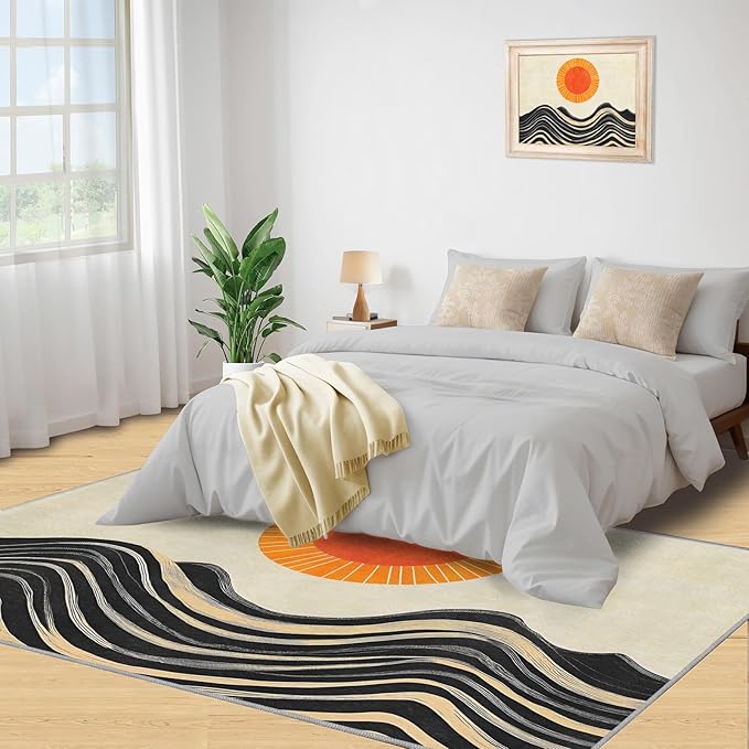 Boho Sun Area Rugs 5x8ft, Watercolor Mountain Living Room Carpet, Abstraction Deco Decorative Carpet Protect Floor for Bedroom Men Office Hardwood Floors