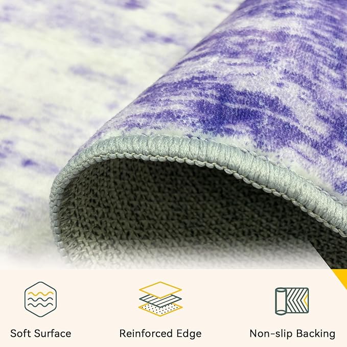 Washable Area Rugs 4ft Non-Slip Modern Abstract Soft for Living Room Entryway Bedroom Nursery, Print Pattern, Purple Gray Pink White