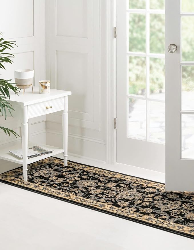 Rugs.com Yasmin Collection Rug – 10 Ft Runner Black Medium Rug Perfect for Hallways, Entryways