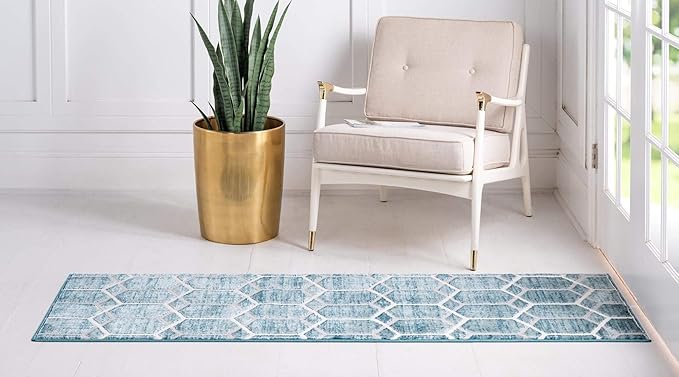 Rugs.com Lattice Trellis Collection Rug – 10 Ft Runner Blue Low-Pile Rug Perfect for Hallways, Entryways