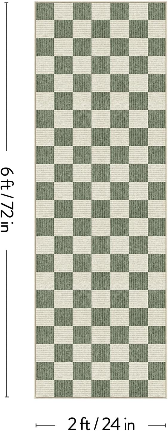 LIVEBOX Washable Runner Rug Checkered, 2x6 Green Runner Rugs for Hallway, Non-Slip Kitchen Runners, Farmhouse Neutral Classic Geometric for Hallways, Entryway, Bedroom, Bathroom(Green 2'x6')