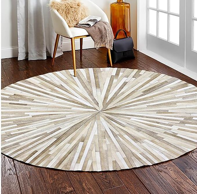 Faux Cowhide Round Area Rug | Non-Slip Leather Floor Carpet for Living Room, Bedroom, and Home Décor | Modern Stylish Accent Rug(Beige_8x8)