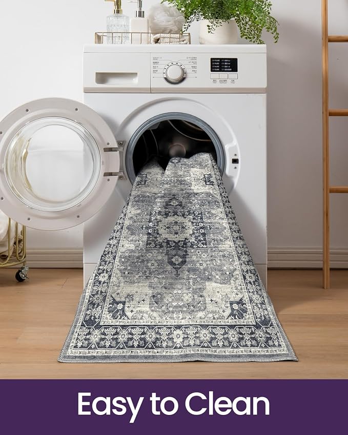 DEXI Hallway Runner Rug 3x8, Distressed Non Slip Runners Carpet, Boho Vintage Soft Thin Indoor Rug, Stain Resistant Washable Entry Mat for Entryway Kitchen Laundry Room Living Room, Blue Grey