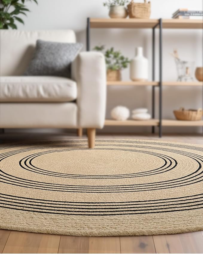 DEXI Round Jute Rug Natural Fiber 6x6, Braided Woven Area Rugs No Shed, Large Soft Neutral Rustic Carpet Mat for Indoor Outdoor Patio Dining Living Room Bedroom Farmhouse, 6ft, Beige/Black