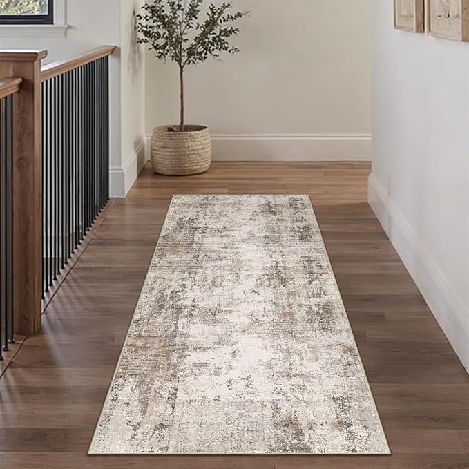 2x6 Washable Runner Rug Brown Grey Abstract Hallway Kitchen Throw Rug Neutral Modern Non Slip Soft Low Pile Carpet for Bathroom Laundry Bedroom Living Room