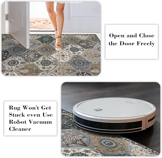 Lahome Moroccan Trellis Round Area Rugs, Washable Small Round Rug 3ft Non-Slip, Soft Vintage Ultra-Thin Circle Carpet for Bedroom Entryway Kitchen Laundry Bathroom, Grey
