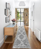 vivorug Grey Runner Rug 2x10 Machine Washable Rug with Non-Slip Backing, Ideal for Kitchen Hallway Entryway Laundry Room - Vintage Floral, Durable, Easy Clean, Low Pile Carpet Runner