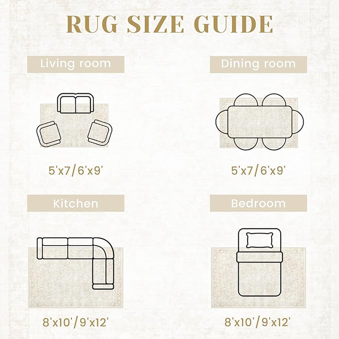 9x12 Area Rugs for Living Room: Washable Large Vintage Floral Rug Low Pile Non-Slip Boho Carpet for Bedroom Dining Home Office (Beige, 9'x12')