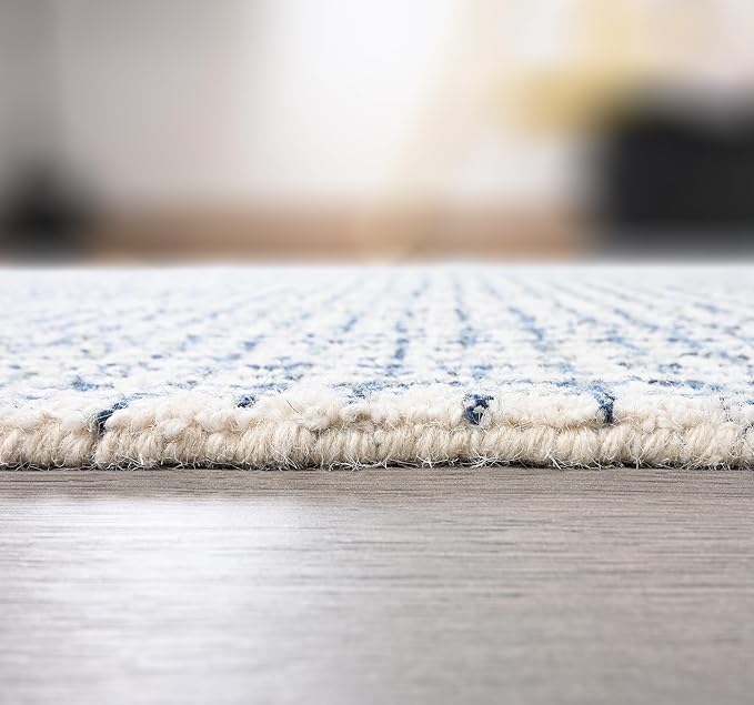 Hand-Tufted 100% Wool Pile Area Rug – Geometric Textured Grid Check Pattern – Thick and Durable Floor Carpet for Bedroom, Living Room, Kids Room, and Dining Area (Ivory Denim, 8' x 12')